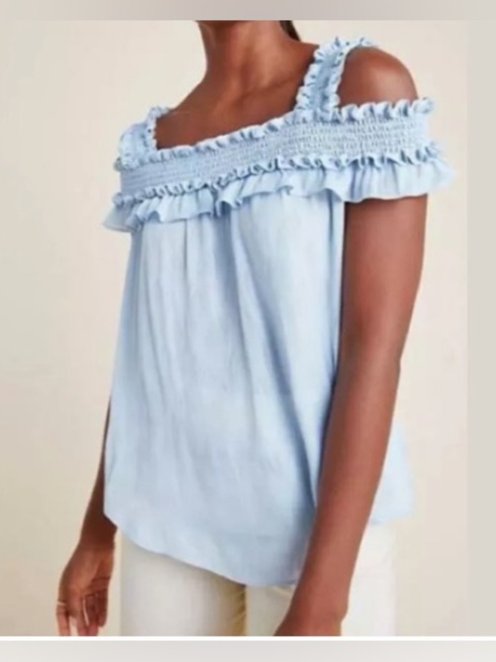 Anthropologie Finn Light Blue Ruffle Off-Shoulder Women's Top